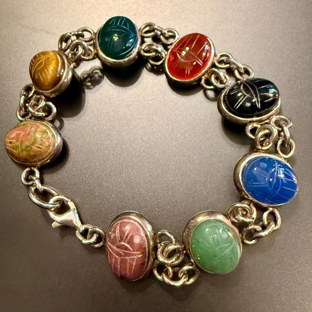 Vintage Gemstone Sterling Silver Egyptian Scarab Bracelet